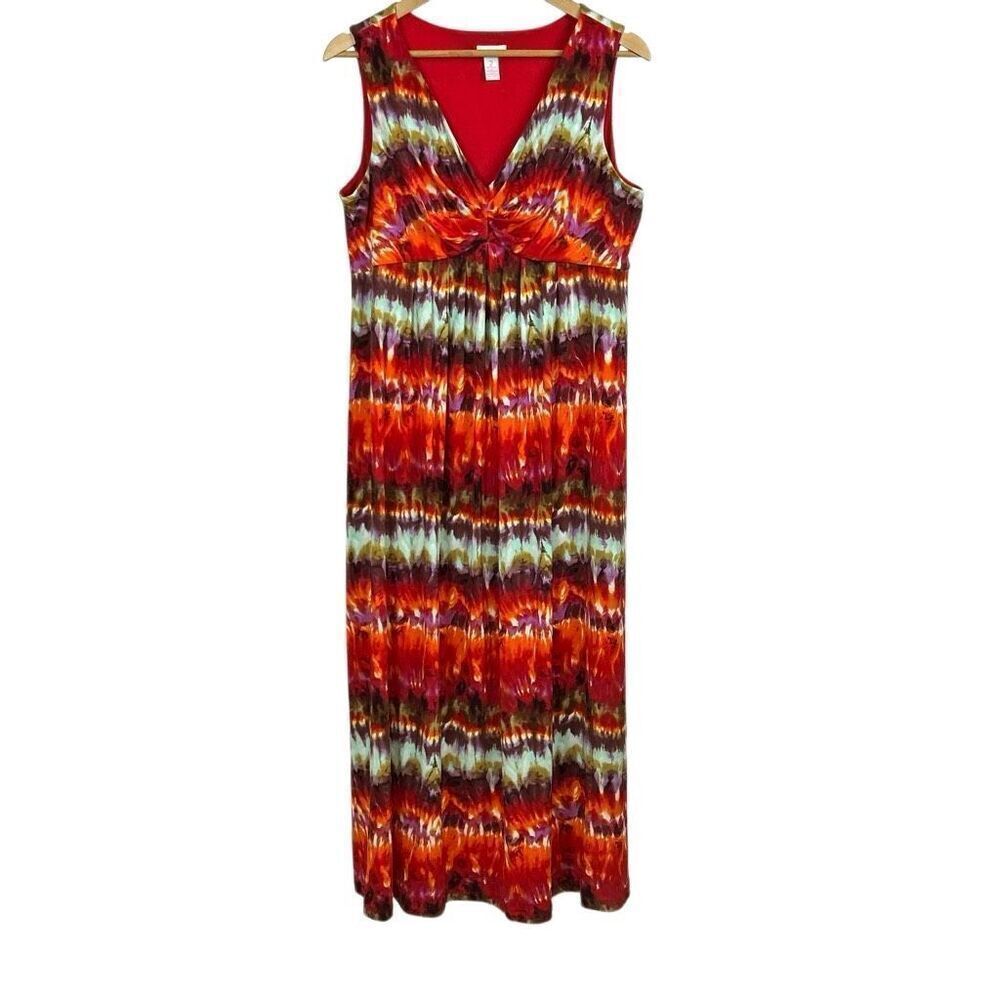 Chico's Tropical Trina Maxi Dress Sz 2 Large Red Tie Dye Sleeveless Empire Waist